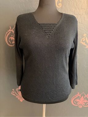 Sag Harbor Black V-Neck Sweater with Crochet Inset